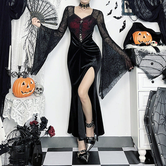 Halloween Elegant Sexy Split Velvet Dress with Bell Sleeves