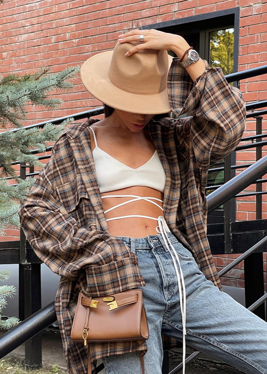 Oversized Cotton Plaid Button Up Shirt Brown