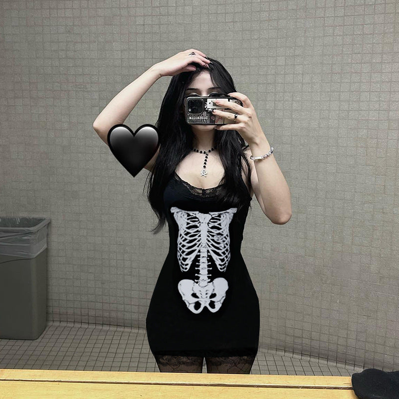 Gothic Skeleton Print Bodycon Midi Dress