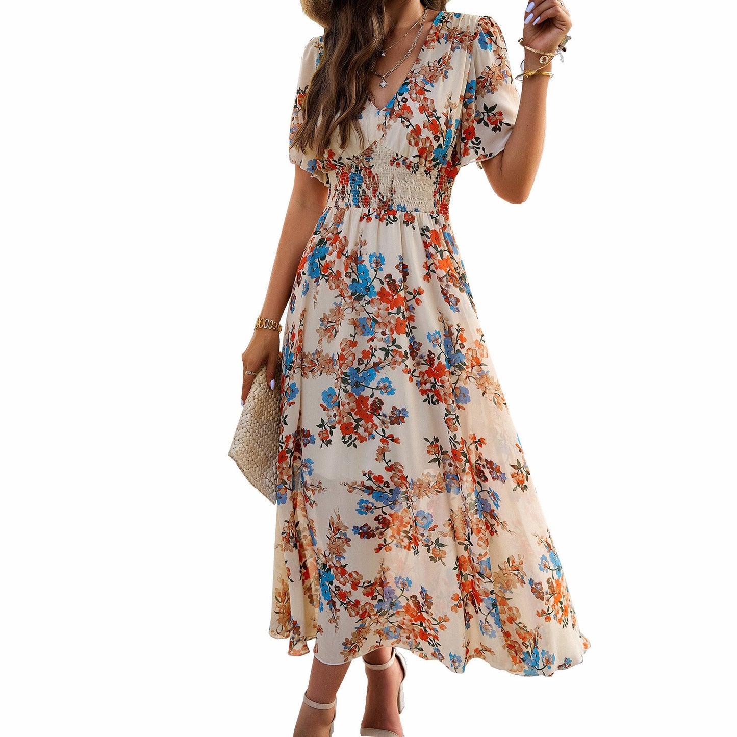 Floral Print Waist-Defining Short Sleeve Dress