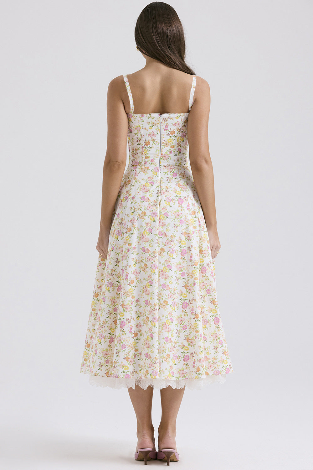 Slim Flower Print Lace Spaghetti Dress