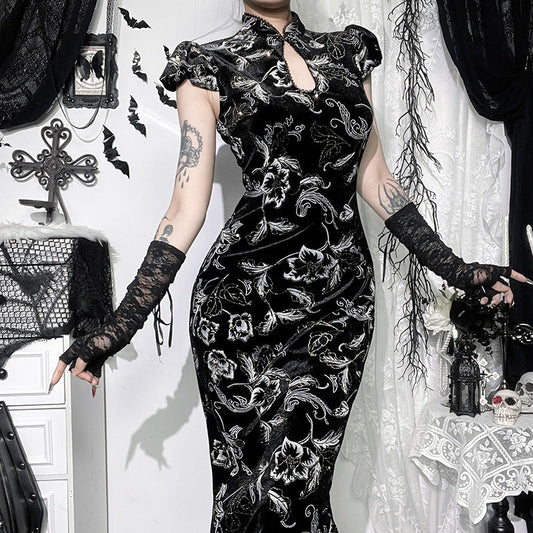 Elegant Chinese Style Qipao Dress with Gold Detailing