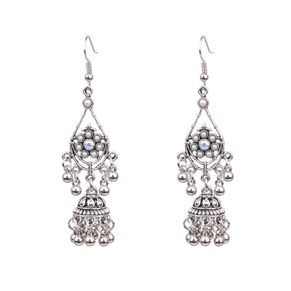 Bohemian Geometric Alloy Earrings with Bell Detail