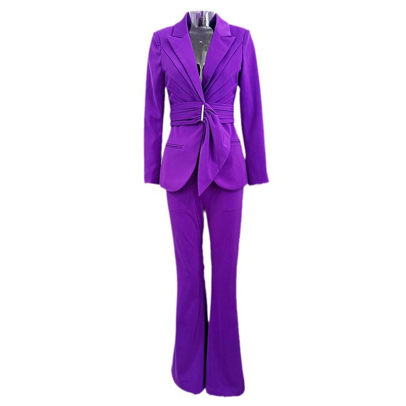 Stylish Irregular Belted Blazer Pantsuit Set