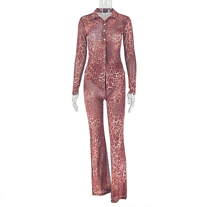 Leopard Print Button-Down Two-Piece Pants Set