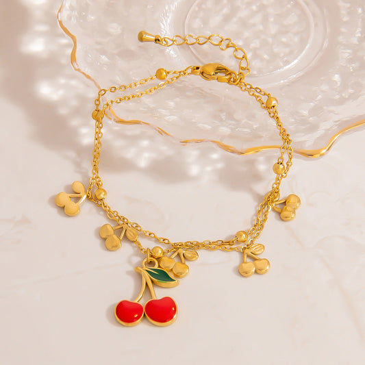Stainless Steel Pearl Bracelet With Cherry And Bee Pendant