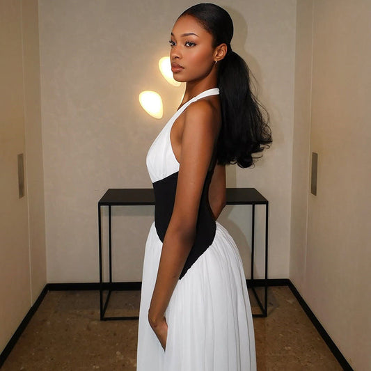 Black And White Halter Neck A-Line Dress With Deep V Neck