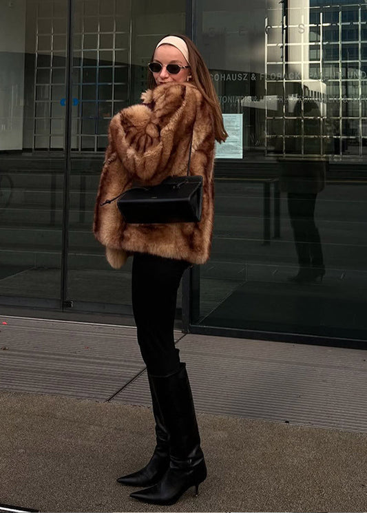 Plush Faux Fur Coat Brown Relaxed Silhouette