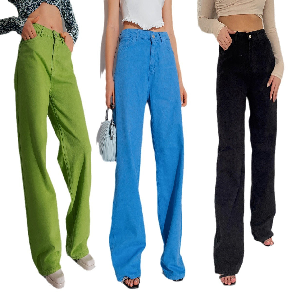 Multi-Color Wide-Leg Denim Pants for Women Casual Street Style