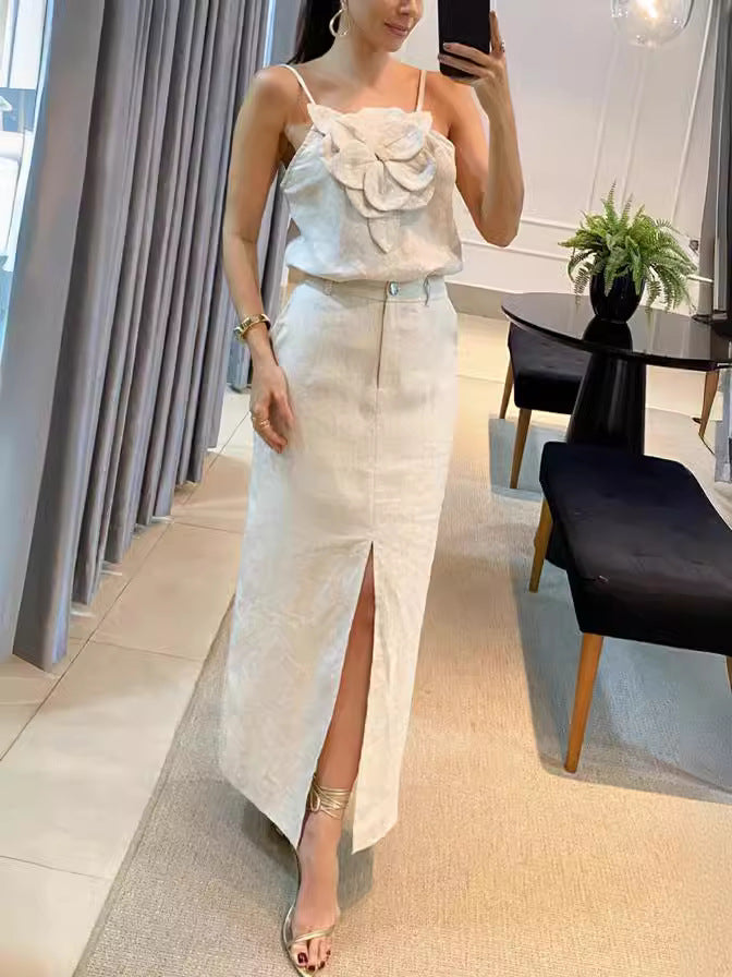 3D Floral Sleeveless Top and Midi Skirt Cotton-Linen Set
