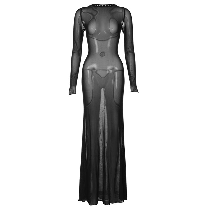 Fashionable Trendy Long Sleeve Sheer Backless Maxi Dress