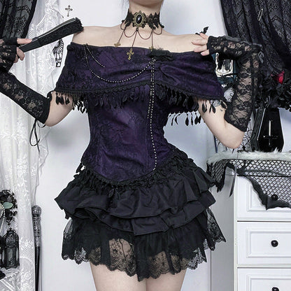 Gothic Rose Print Off-Shoulder Top Stylish Casual Lace Blouse