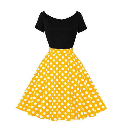 Retro Polka Dot Maxi Dress Cotton Splicing Elegant Style