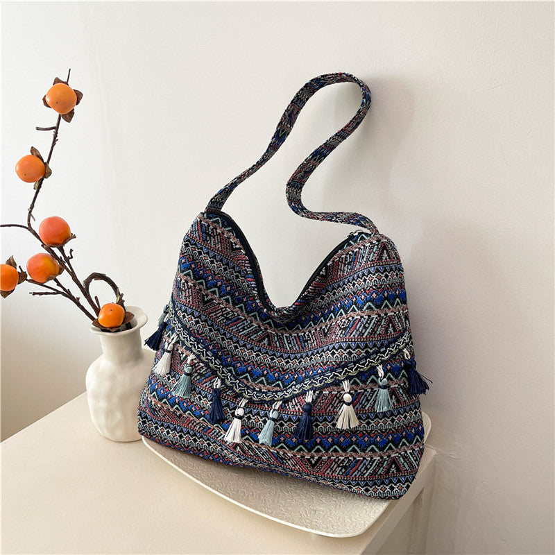 Trendy Ethnic Style Large Canvas Tote Bag with Fringe