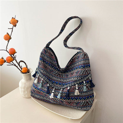 Trendy Ethnic Style Large Canvas Tote Bag with Fringe