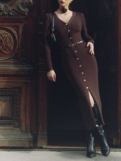 Fall Long Sleeve V-Neck Button Knit Dress