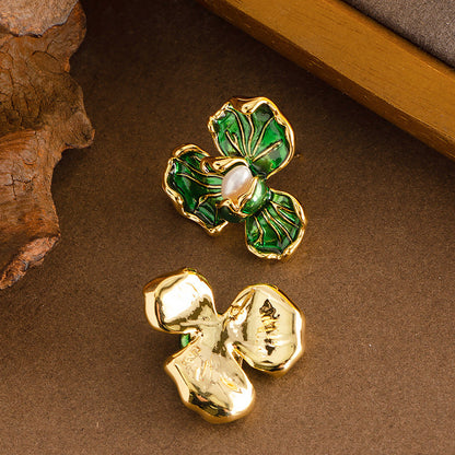 French Elegant Flower Pearl Stud Earrings For Women