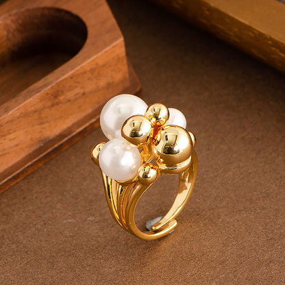 Adjustable Open Pearl Ring For Women In Gold Plated Fashion