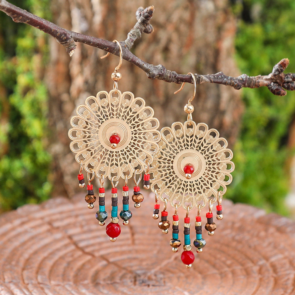Long Dangle Rose Leaf Earrings Alloy with Beads