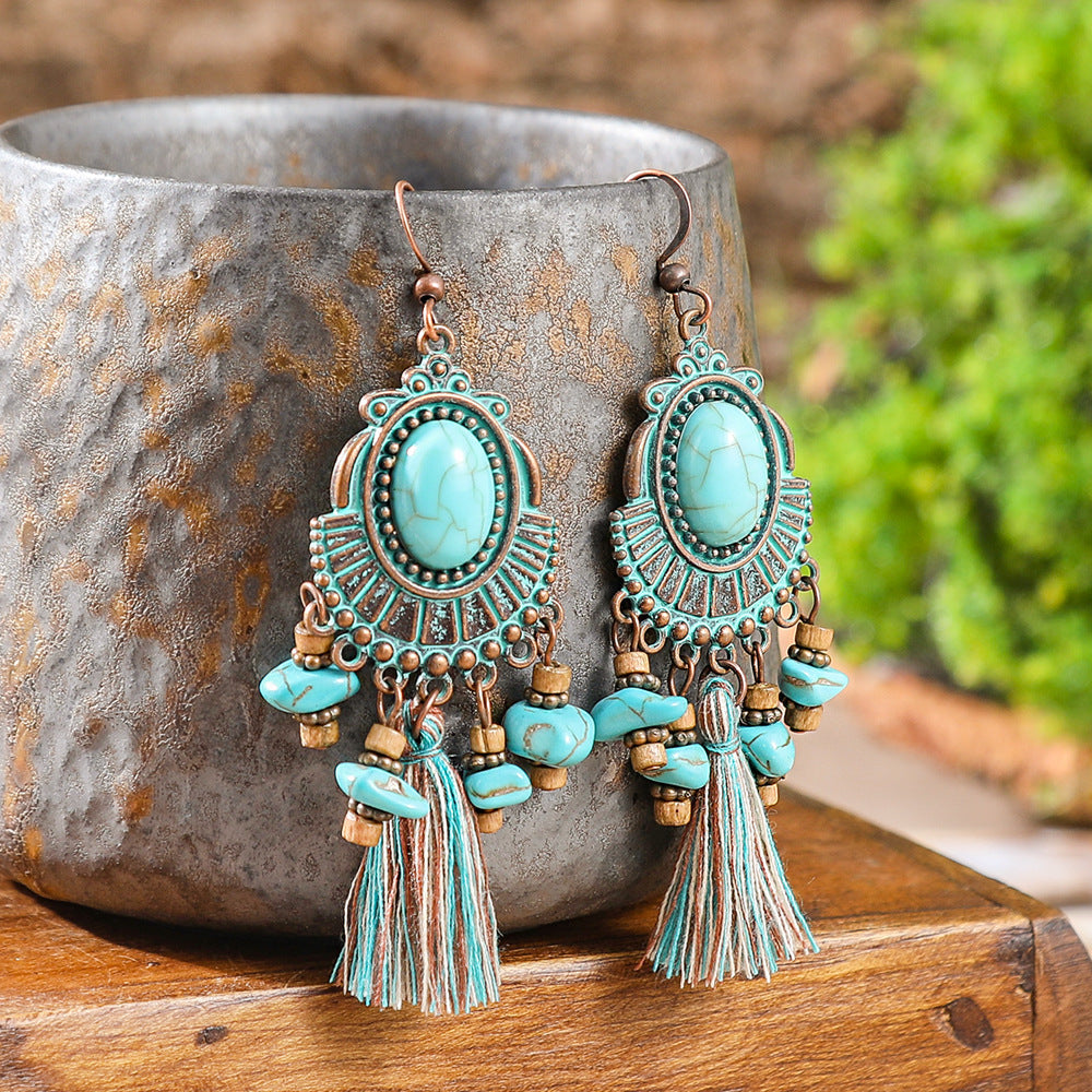 Bohemian Style Geometric Turquoise Tassel Earrings Set