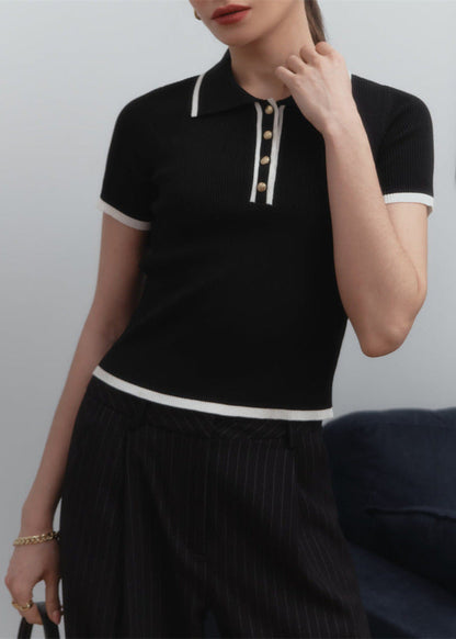Ribbed Knit Polo Top with Contrast Trim