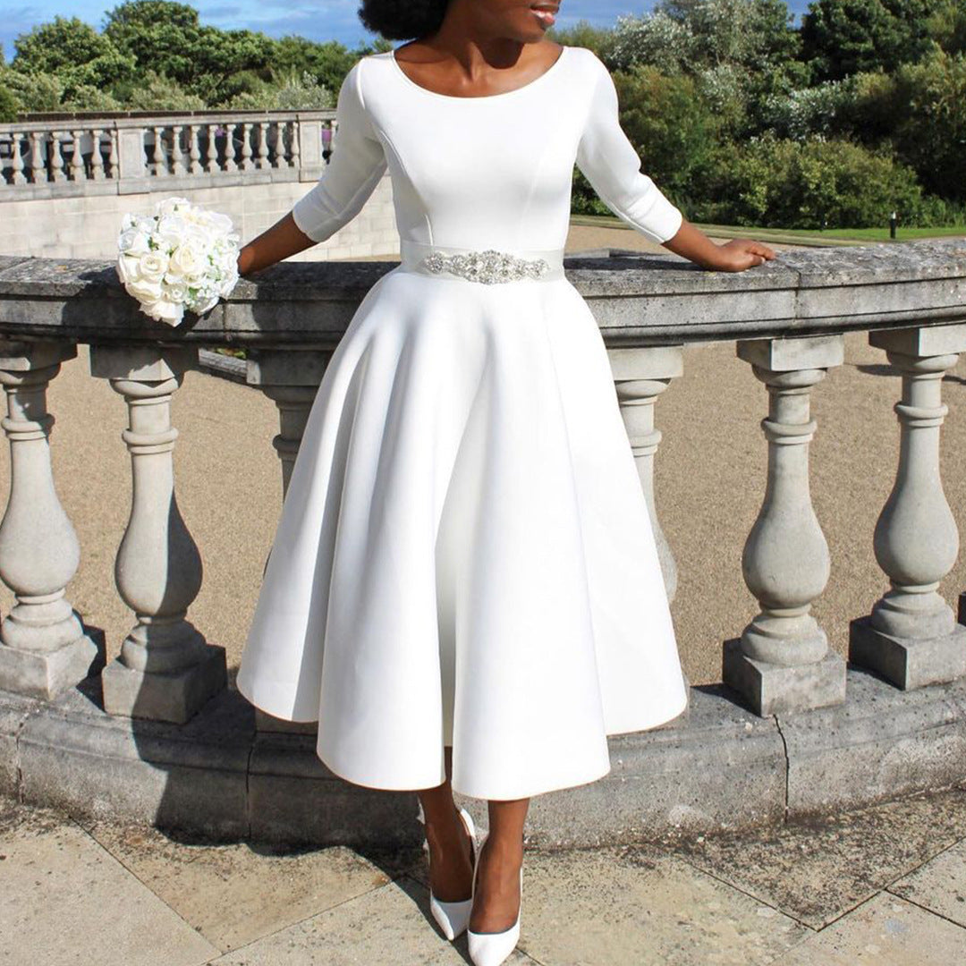 Elegant Solid Color A-Line Dress Polyester Blend