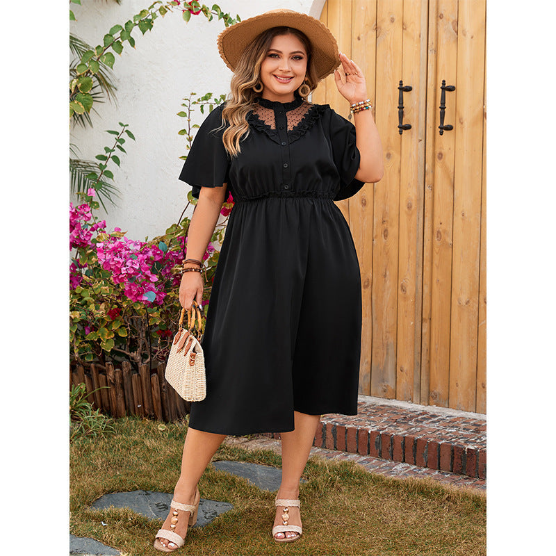 Elegant Black A-Line Dress With V-Neck Lace Trim