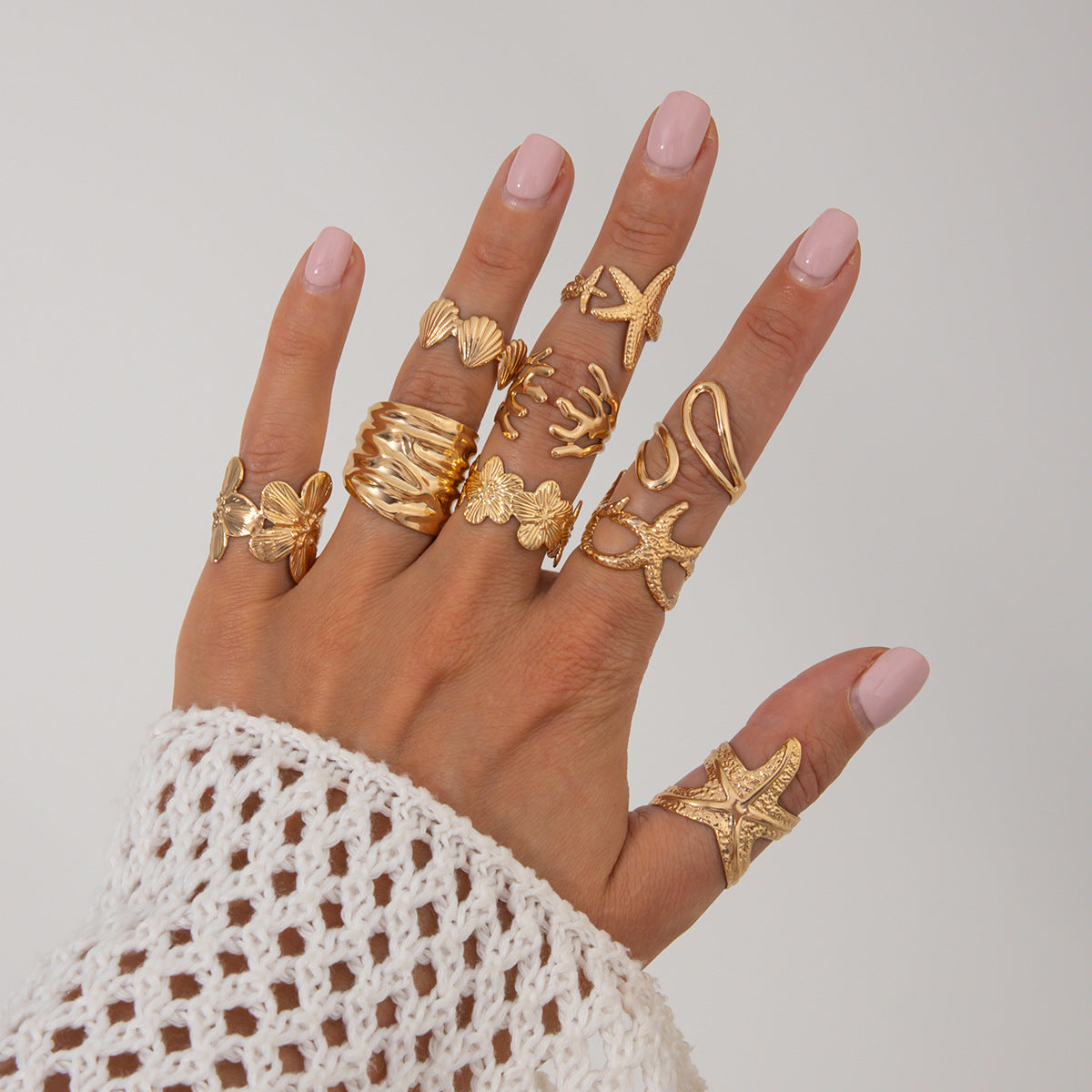 Starfish Shell Metal Ring Set Trendy Fashion Jewelry