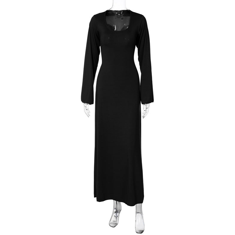 Trendy Casual U-Neck Long Sleeve Dress with Back Tie