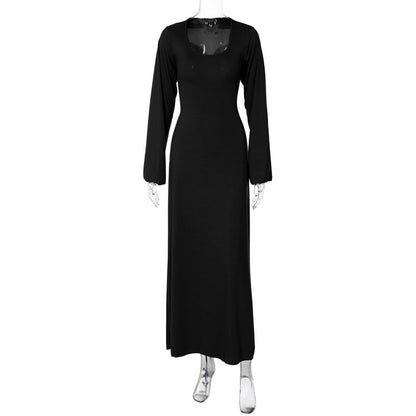 Trendy Casual U-Neck Long Sleeve Dress with Back Tie
