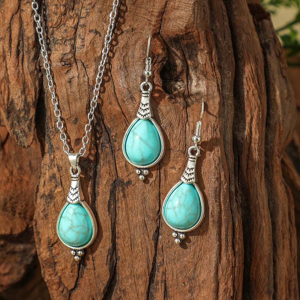 Bohemian Vintage Turquoise Water Drop Earrings and Necklace Set
