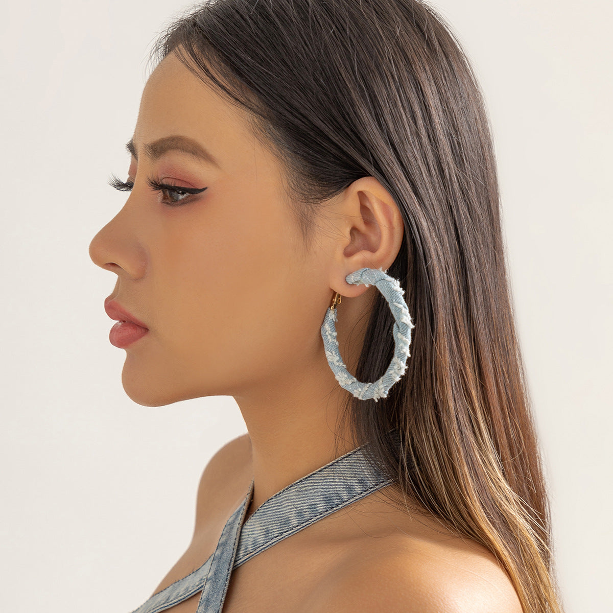 Vintage Statement Denim Print Hoop Earrings For Women