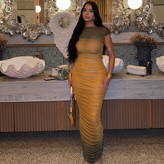 Color Block Bodycon Dress Gradient One-Shoulder Long Dress