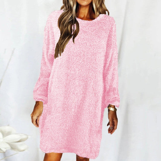 New Autumn And Winter Solid Color Comfortable Plush Long Sleeve Round Neck Loose Dress