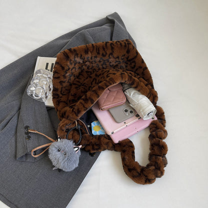Trendy Leopard Print Plush Shoulder Bag