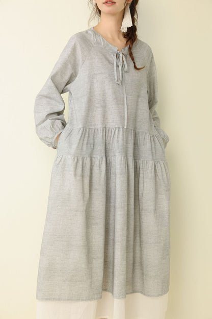 Polka Dot Long Cotton-Linen Dress Casual A-Line Dress