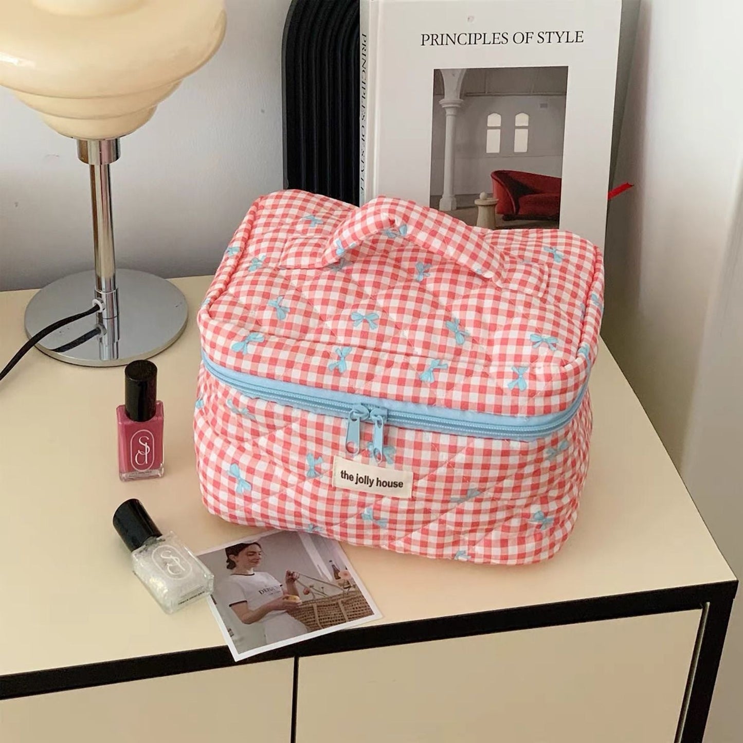 Large Capacity Plaid Bow Cosmetic Bag Retro Style