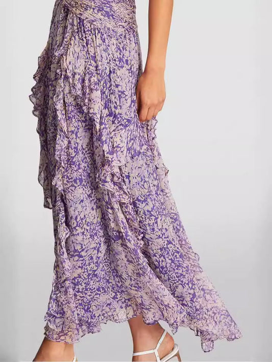 Off-Shoulder Chiffon Maxi Dress Elegant Floral Print for Women