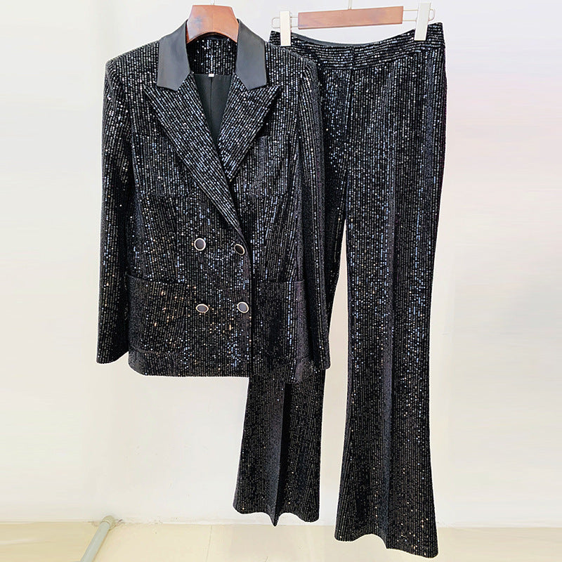 Fashionable Velvet Sequin Double-Breasted Blazer And Flared Pants Set
