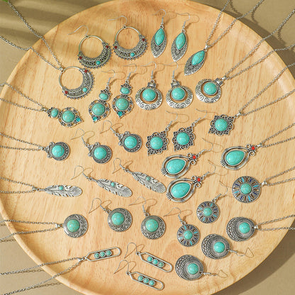 Bohemian Geometric Earrings and Necklace Set with Turquoise Accents