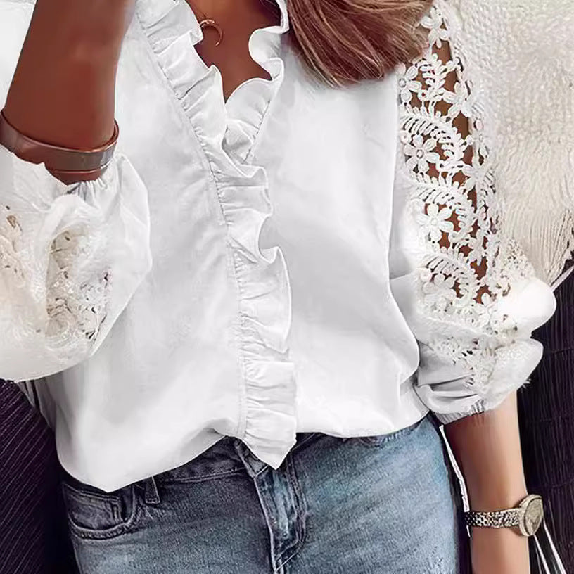 White Lace Long Sleeve Shirt Trendy Office Wear