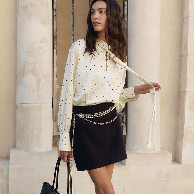 Polka Dot Satin Blouse with Tie Front Elegant Long Sleeve Shirt