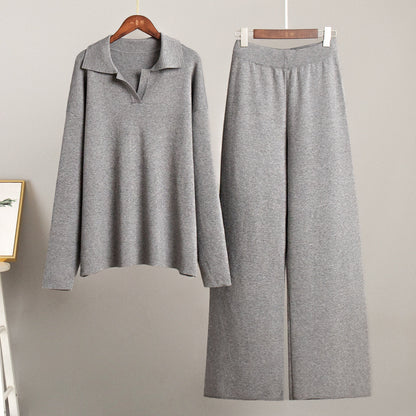 Knitted Sweater Set with Polo Neck and Wide Leg Pants for Casual Style