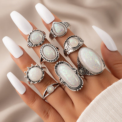 Bohemian Style Carved Feather Turquoise Ring Set