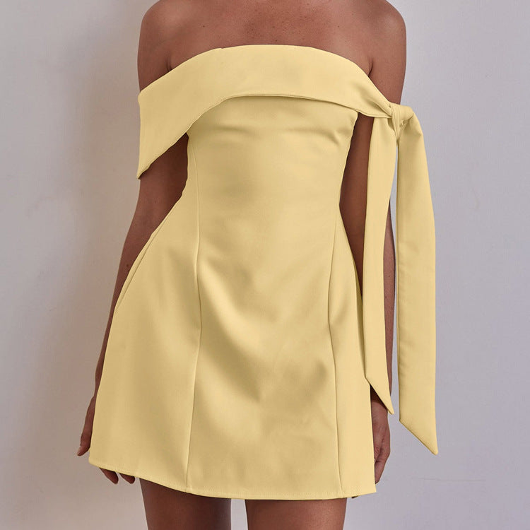 Off-Shoulder Short Mini Dress Trendy Yellow A-Line Dress