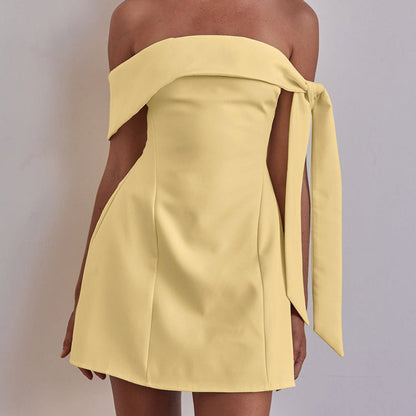 Off-Shoulder Short Mini Dress Trendy Yellow A-Line Dress