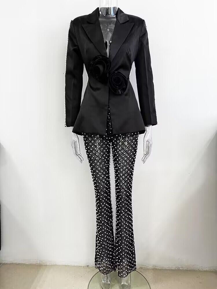 Hollow Beaded Flower Suit Set with Wide Leg Pants