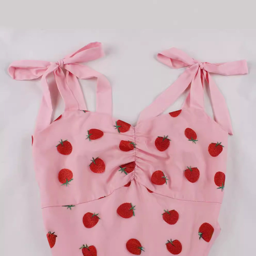 Strawberry Print Strapless A-Line Dress