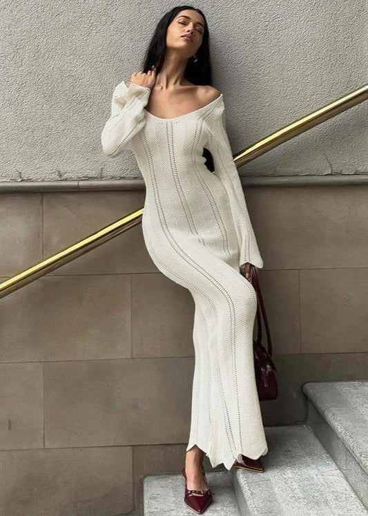 Knit Maxi Dress White Off Shoulder Flared Sleeves
