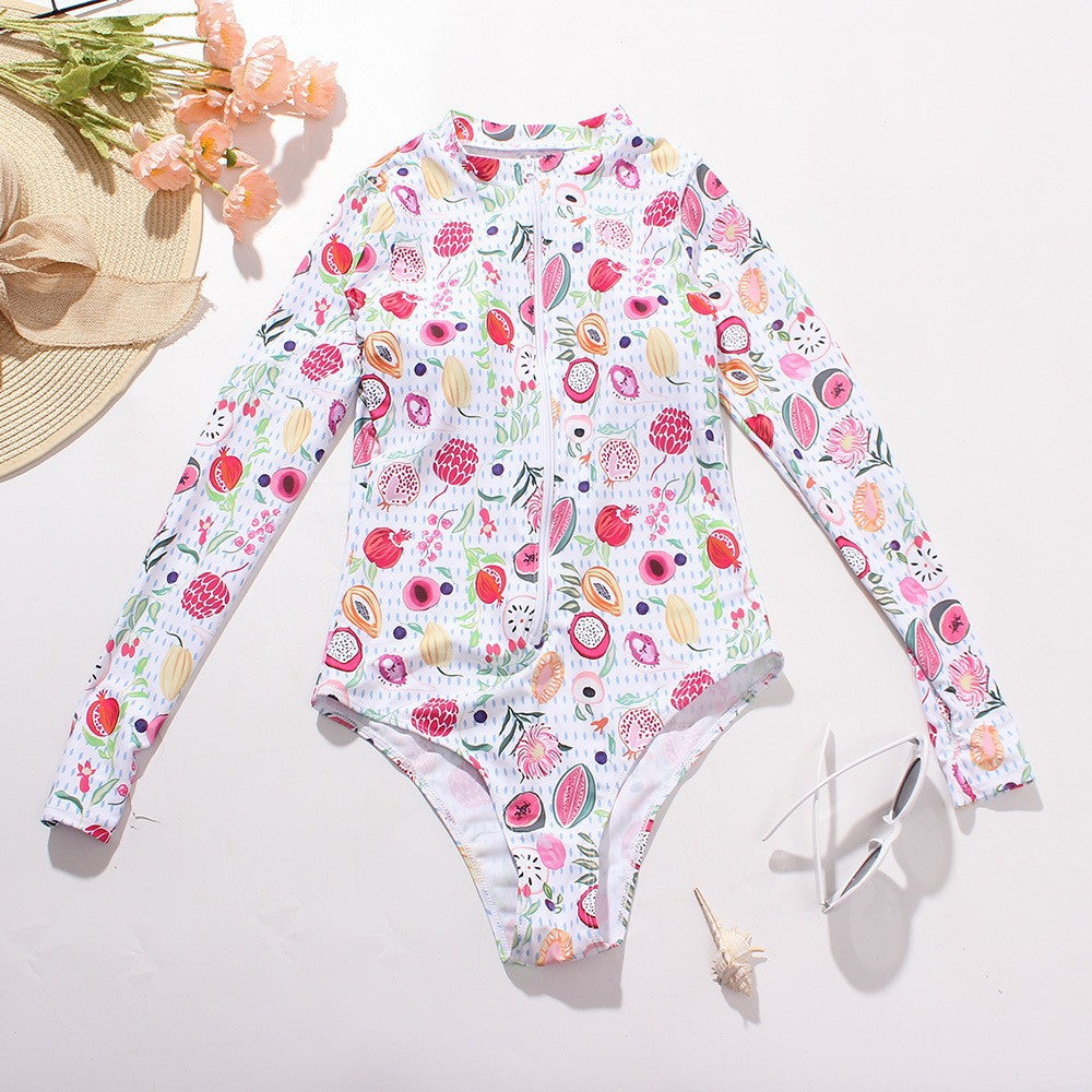 Women'S One Piece Long Sleeve Surfwear Multicolor Print Zip Swimsuit